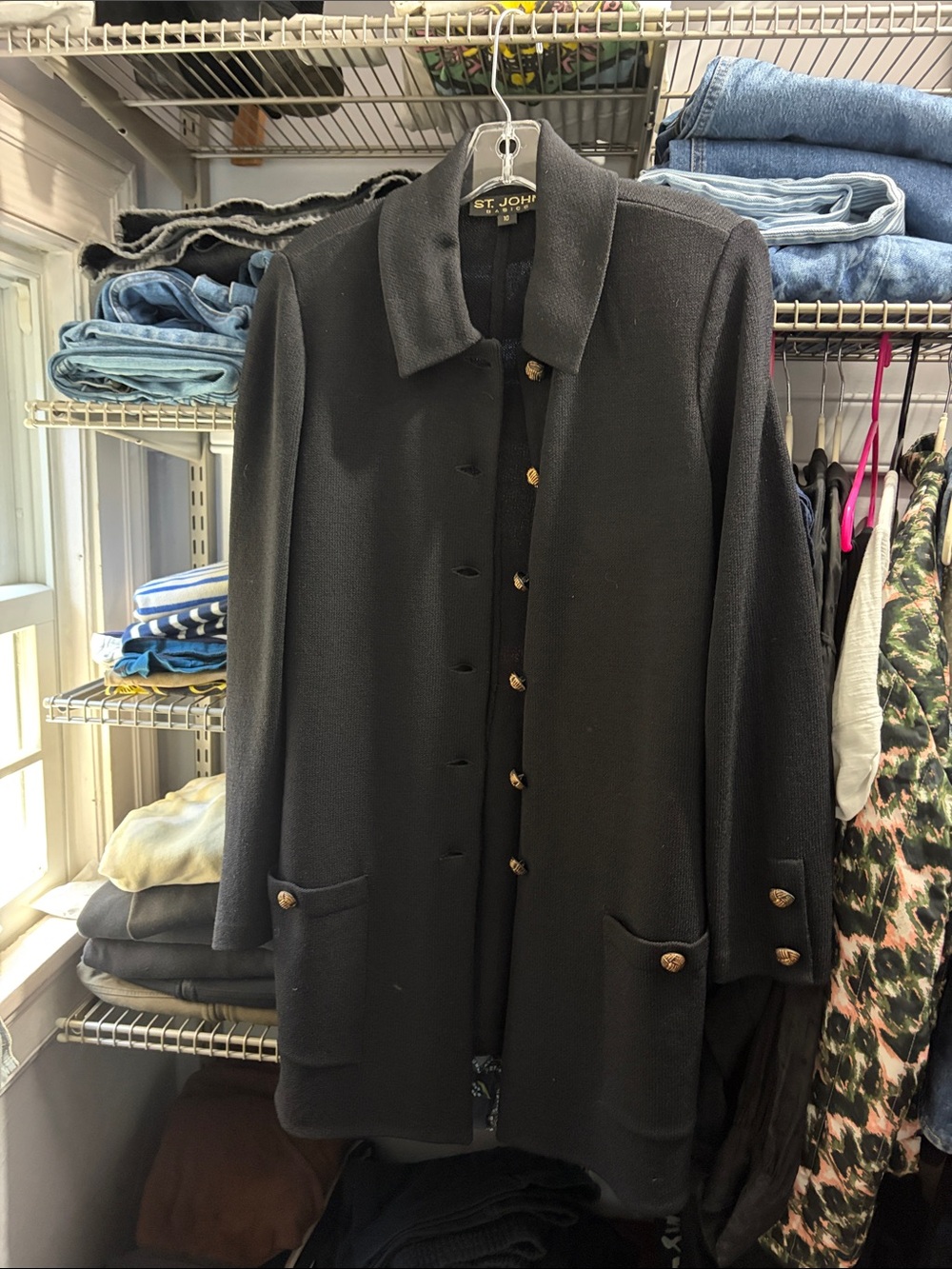 Vintage St. John Black Knit Coat with Gold Buttons, size 10
